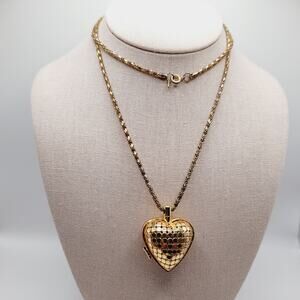 Vintage Heart Mesh Locket Necklace Gold Tone 29" Chain Long Pendant